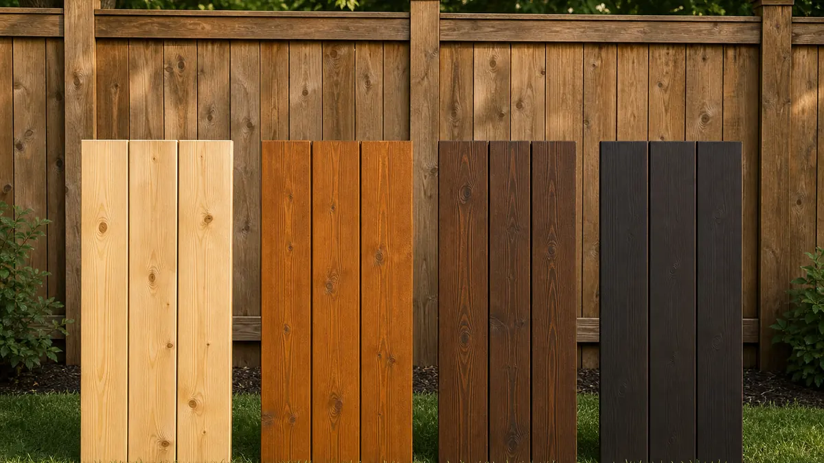Wood fence boards showing clear, semi-transparent, semi-solid, and solid fence stain options