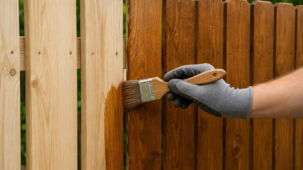 Semi-transparent fence stain being brushed onto vertical cedar fence boards