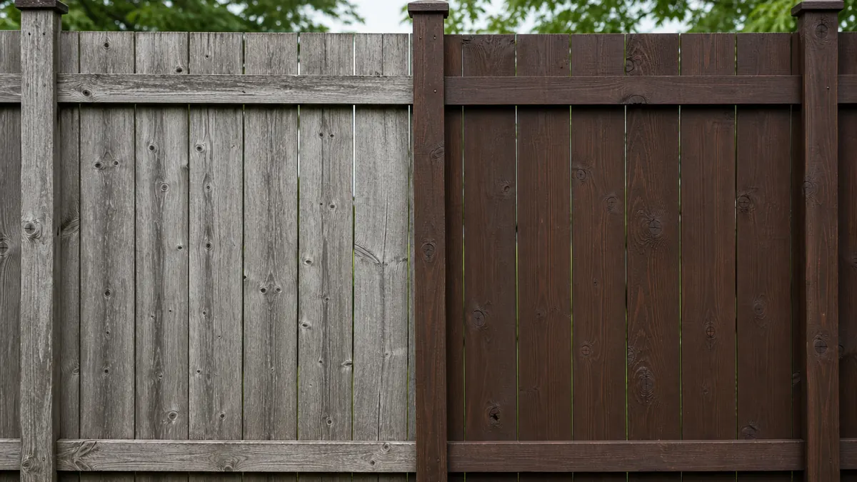 Solid fence stain covering old gray weathered wood fence boards