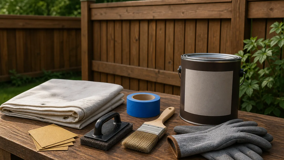 Fence staining tools including brush, sprayer, gloves, cleaner, tape, and sandpaper on wood boards