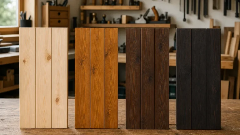 Wood stain samples showing different stain types and colors on indoor boards