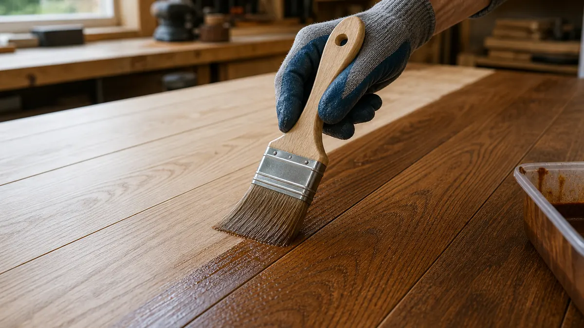 Semi-transparent stain being applied to cedar wood boards outdoors