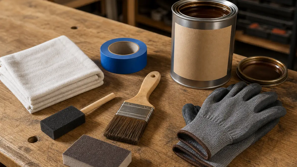 Wood staining tools including brush, rags, sanding block, gloves, and stain samples on boards