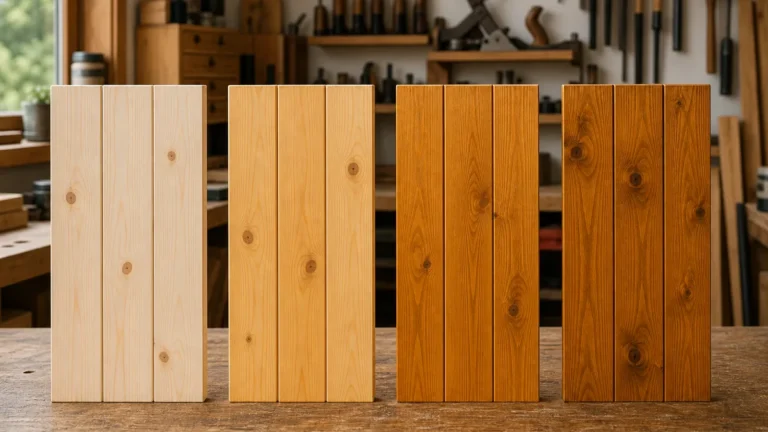 Pine wood boards showing unfinished, clear polyurethane, oil finish, and amber gel stain samples