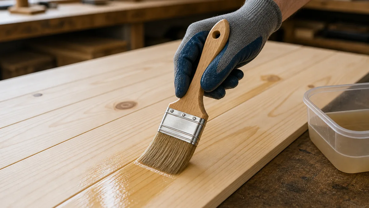 Water-based polyurethane being brushed onto a light pine wood board