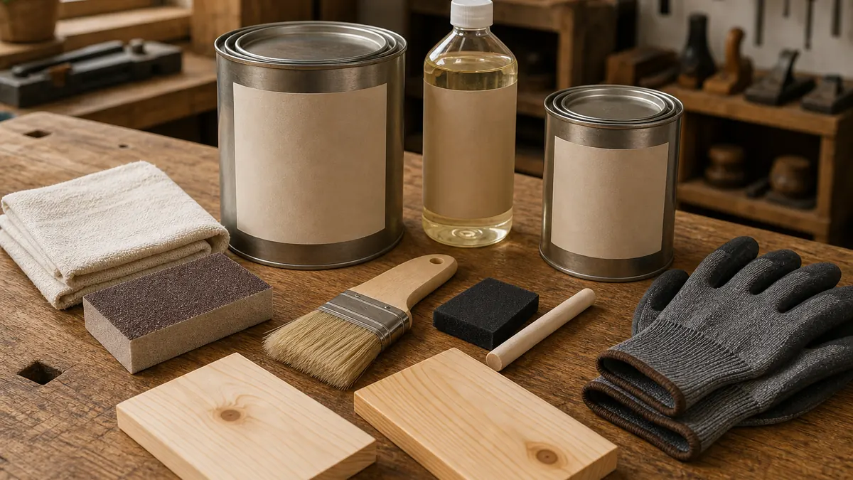 Pine wood finishing tools including sanding block, brush, tack cloth, gloves, conditioner, and finish samples