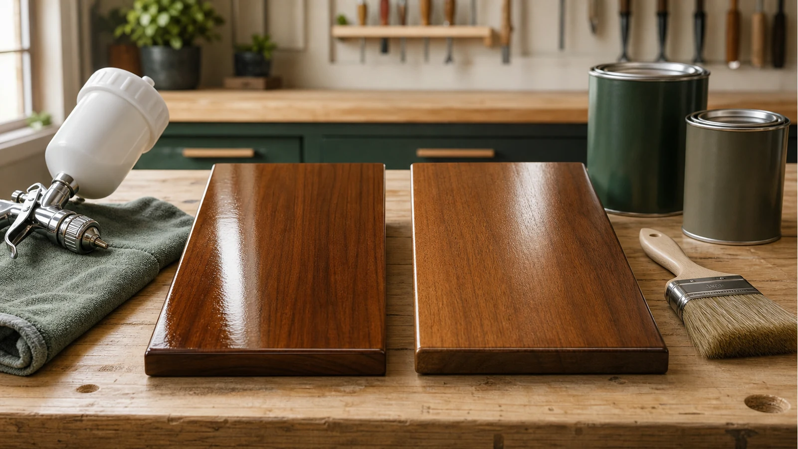 Lacquer and polyurethane finish samples on wood furniture boards
