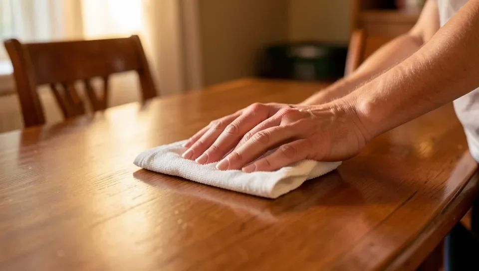 Hands polishing a wood table with a soft cloth
