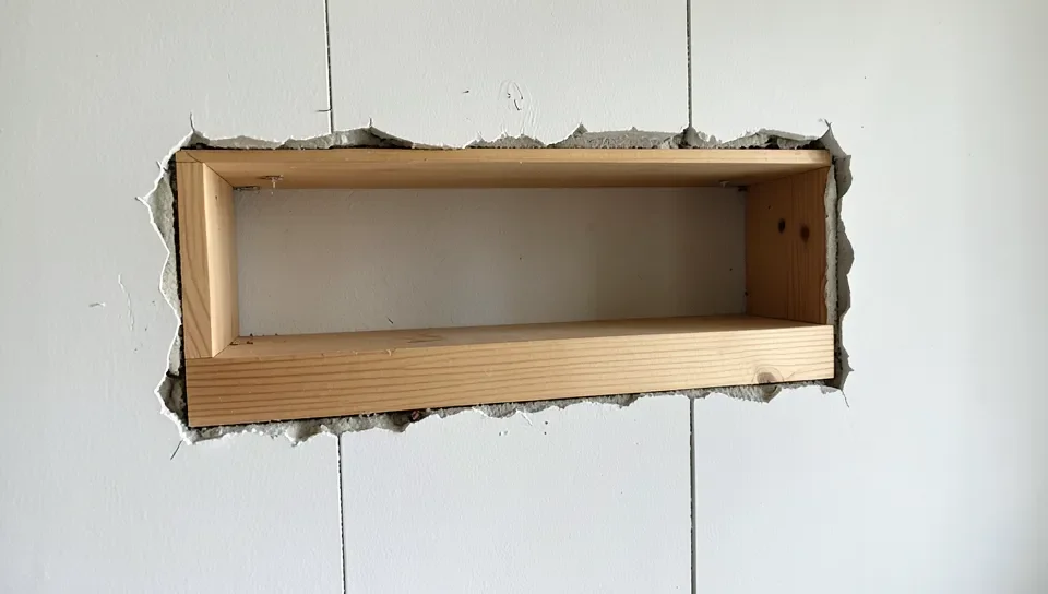 Recessed wooden shelf built into a wall cavity between studs