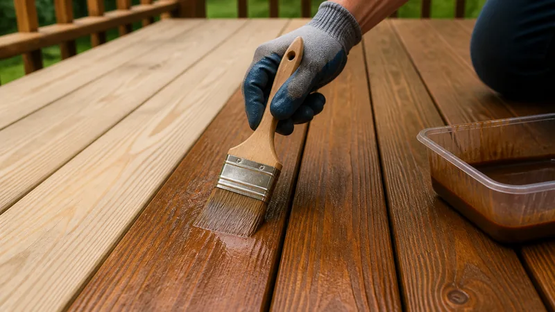Semi-transparent deck stain being applied to a wood deck board