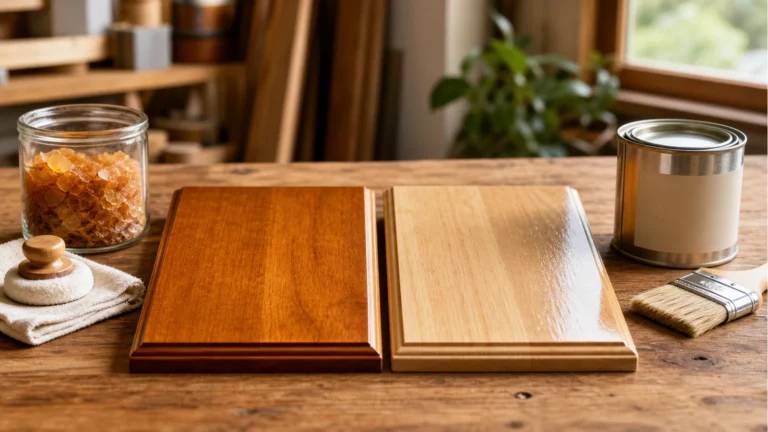 Shellac and polyurethane wood finish comparison on sample boards