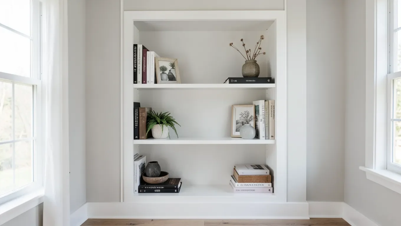 Finished built-in recessed shelves in a wall niche