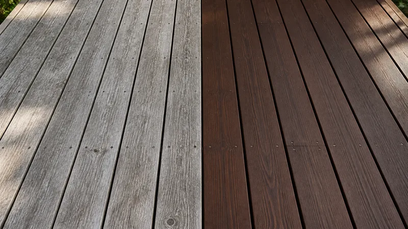 Solid deck stain covering old weathered deck boards