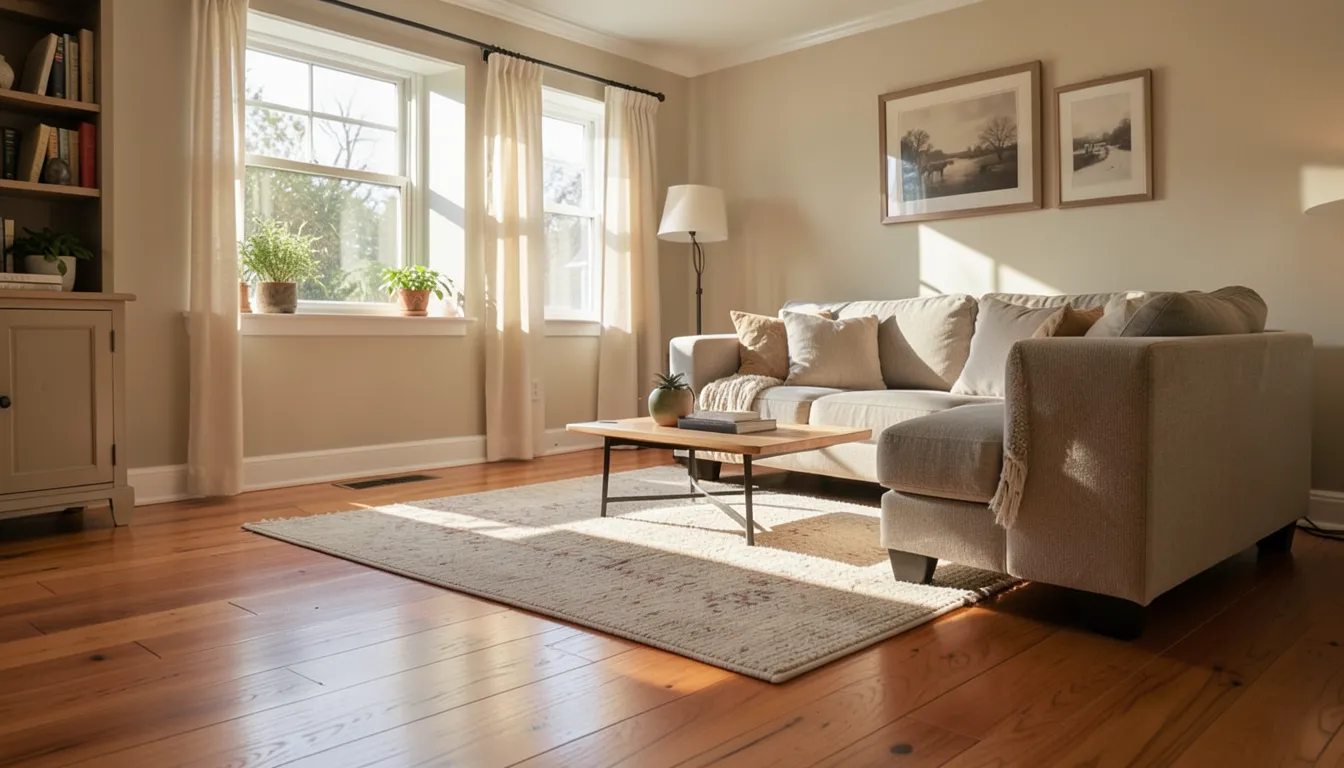 Sunlit living room with warm hardwood floors and an area rug