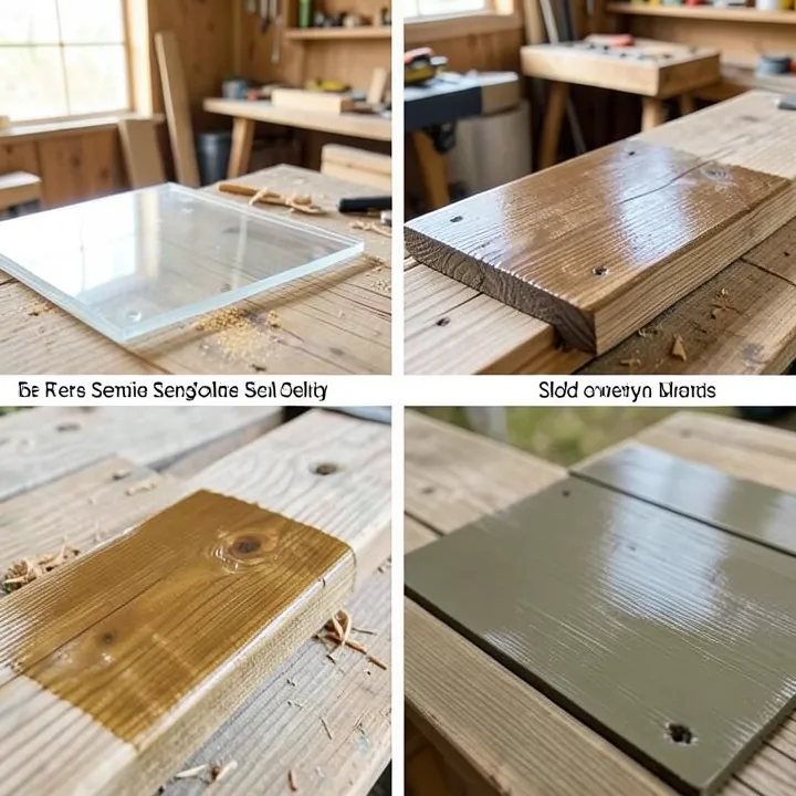 Four deck stain samples showing clear, semi-transparent, semi-solid, and solid stain options on outdoor wood
