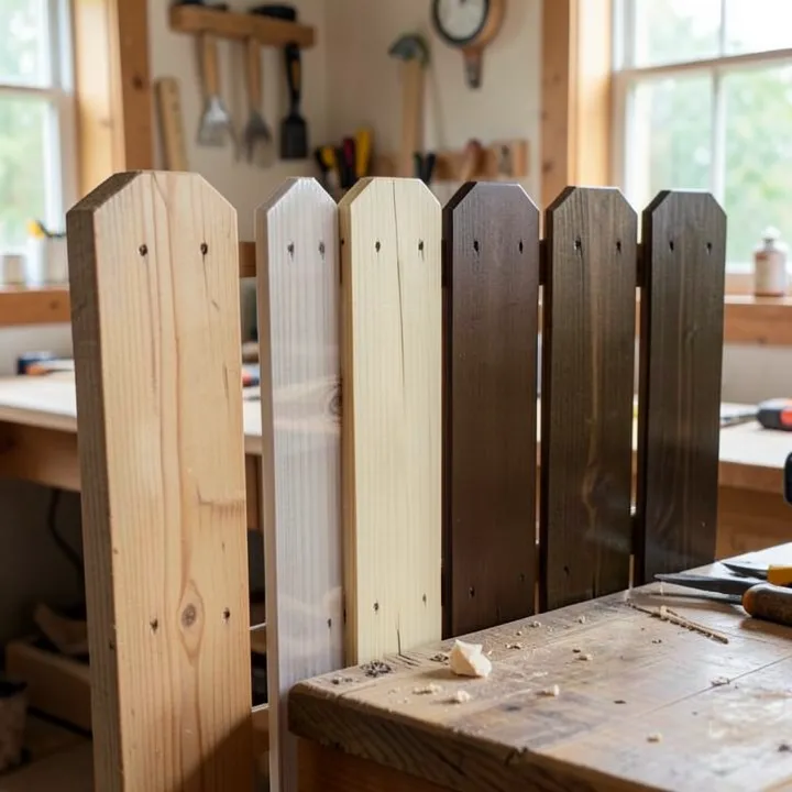 Wood fence boards showing clear, semi-transparent, semi-solid, and solid fence stain options