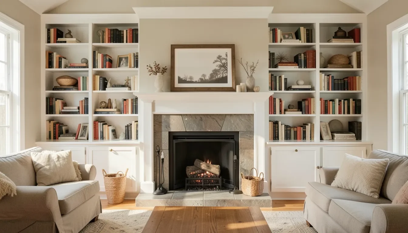 White built-in bookshelves flanking a fireplace floor to ceiling