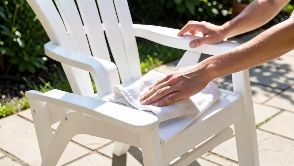 Wiping down an outdoor plastic lumber chair for easy maintenance