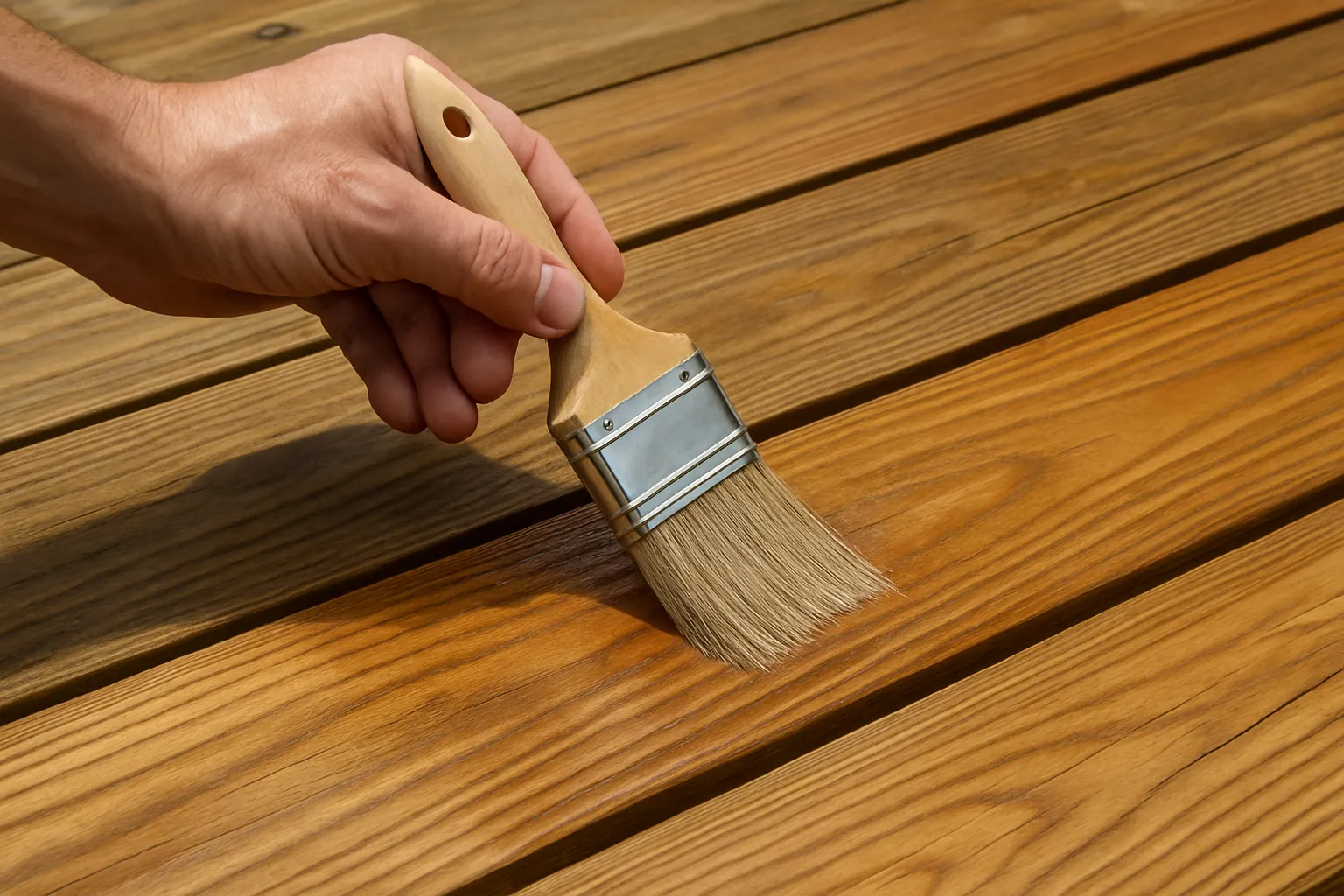 Applying penetrating sealer to cypress wood Hands applying penetrating wood sealer with a brush onto cypress wood