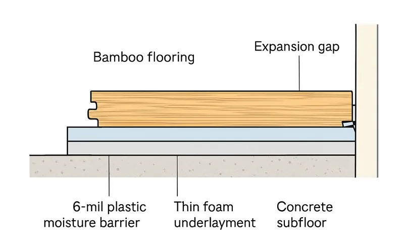 Diagram of bamboo flooring layers over a concrete subfloor: moisture barrier, underlayment, expansion gap