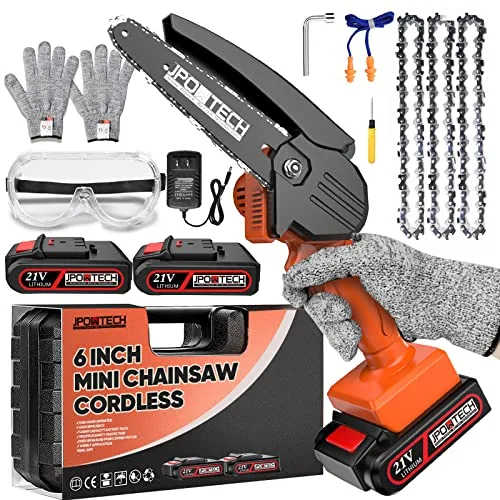 JPOWTECH Mini Chainsaw Cordless 6-Inch with 2 Batteries & Security Lock, Small Portable Handheld Electric Power Chain Saw for Gardening, Wood Cutting and Tree Trimming, Lightweight