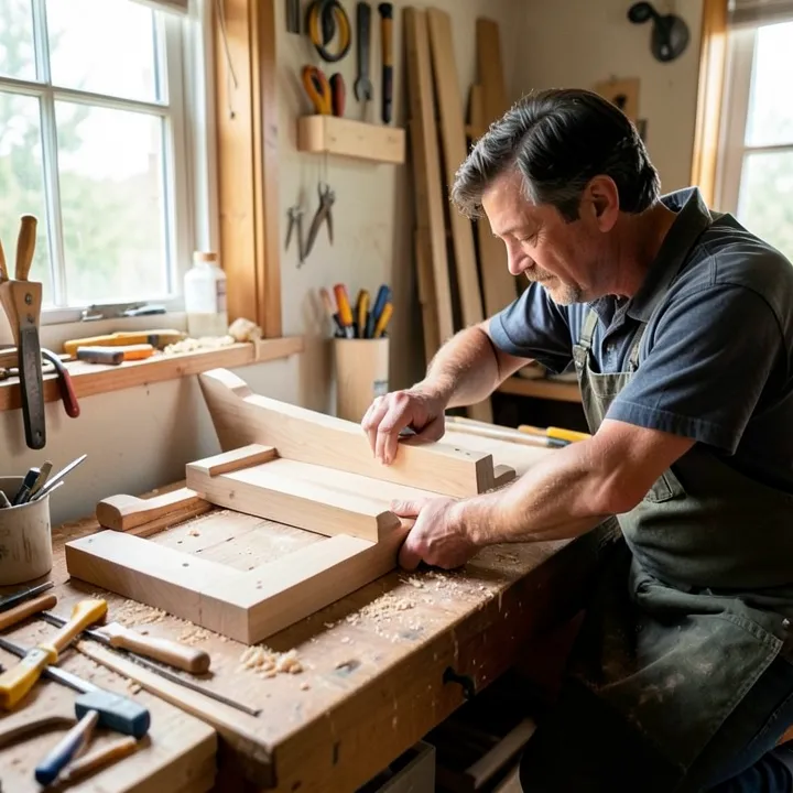 Woodworker in a home workshop planning a woodworking project, the kind of build covered in project video tutorials