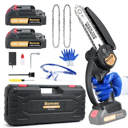 Bomves Cordless Mini Chainsaw, 6-INCH Electric Power Chainsaw, Battery Powered 2Pcs 24V 2000MAH Rechargeable Battery with Splash Guard for Wood Cutting Tree Trimming Gardening Camping