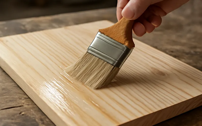 Brush applying clear dewaxed shellac sanding sealer to raw pine board to block yellow tannin bleed