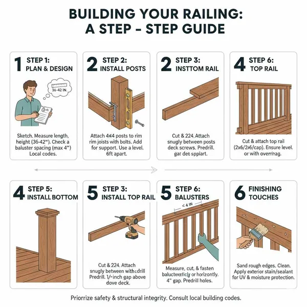 building wood deck railing step by step DIY construction