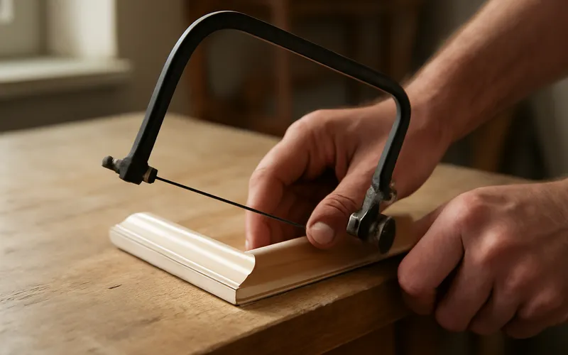 Coping saw cutting the profile shape into the end of a quarter round molding piece for an inside corner joint