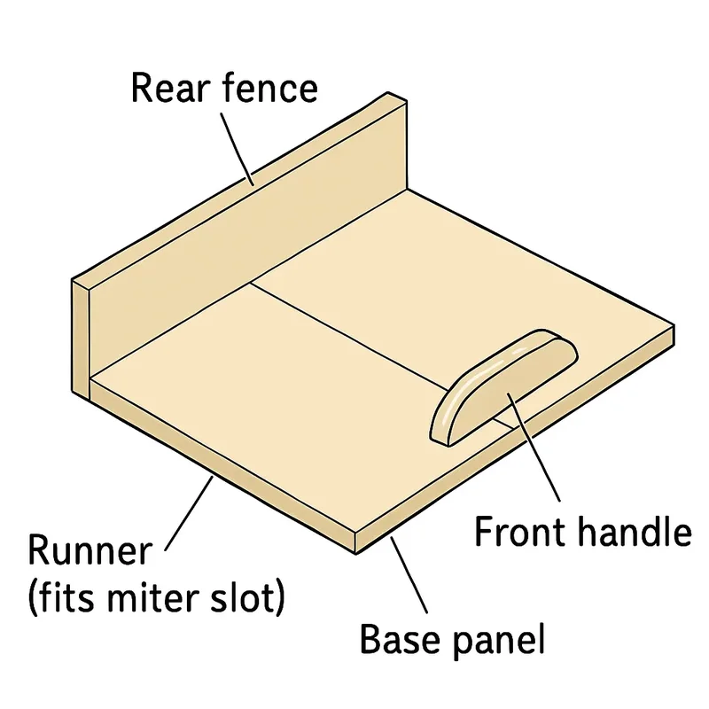 Labeled diagram of a table saw crosscut sled showing the base panel, rear fence, runner, and front handle