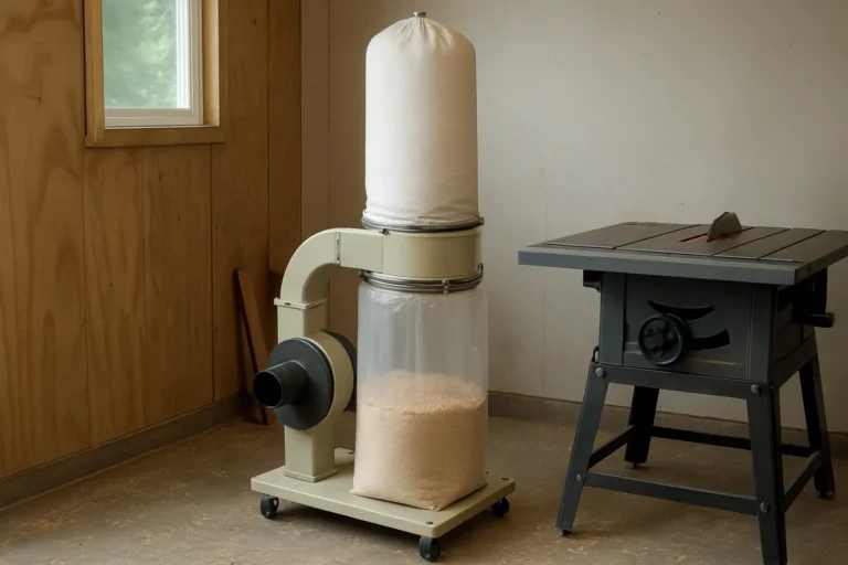 Single-stage dust collector on a mobile base in a home garage woodworking shop