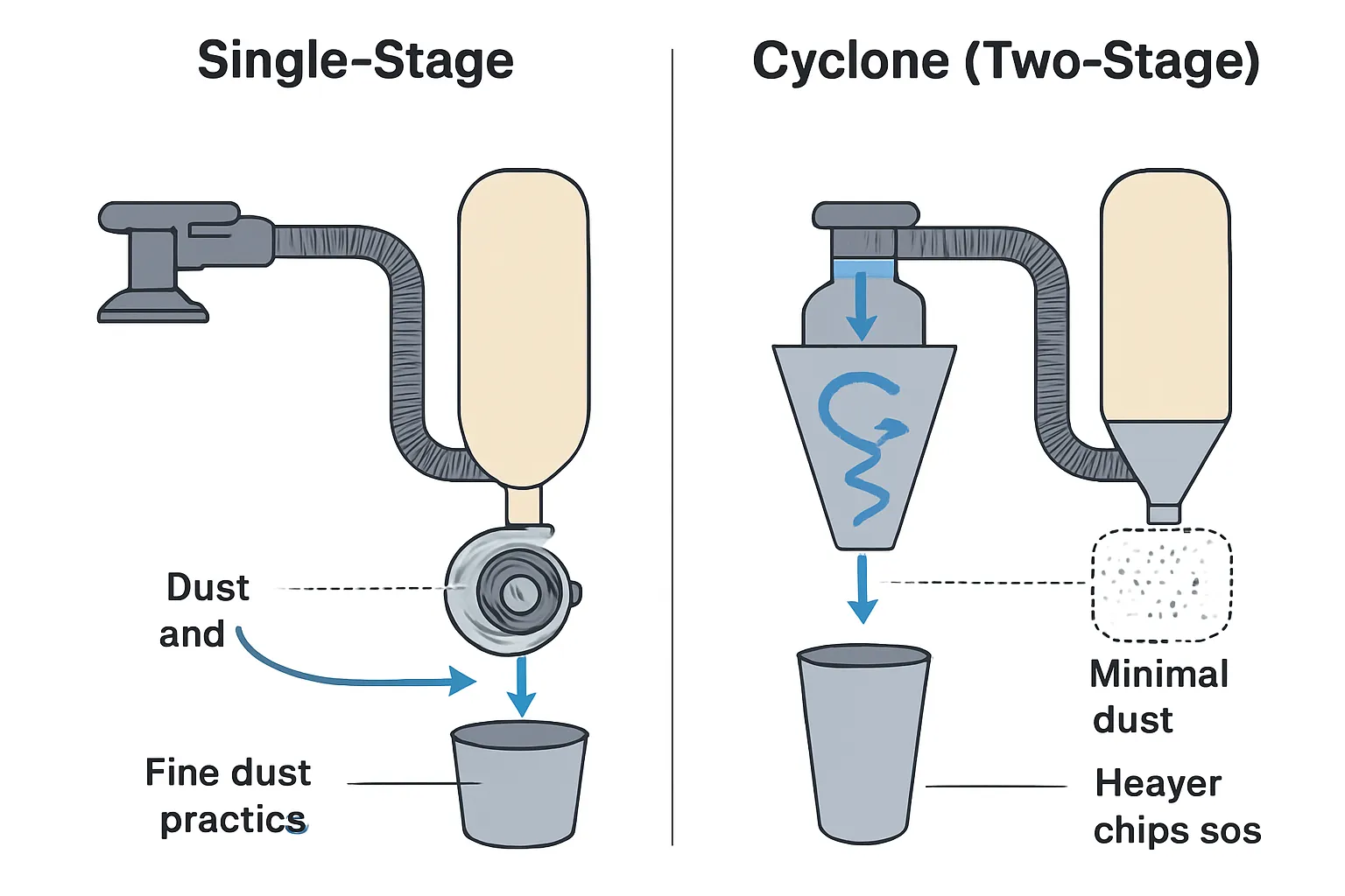 Diagram comparing single-stage and cyclone dust collector airflow for a home shop