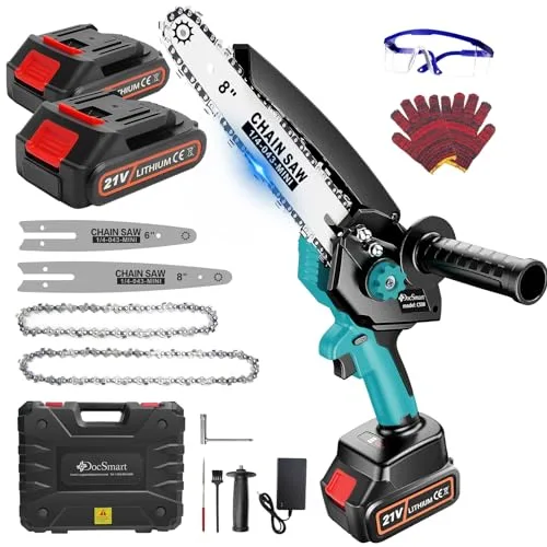 DocSmart Mini Chainsaw, 8 inch & 6 inch Electric Chainsaw Cordless, Upgraded Brushless Chainsaw with Auto Oiler, 2PCS 21V 2000mAh Batteries, Handheld Chain saw for Trees Branches Trimming Wood Cutting