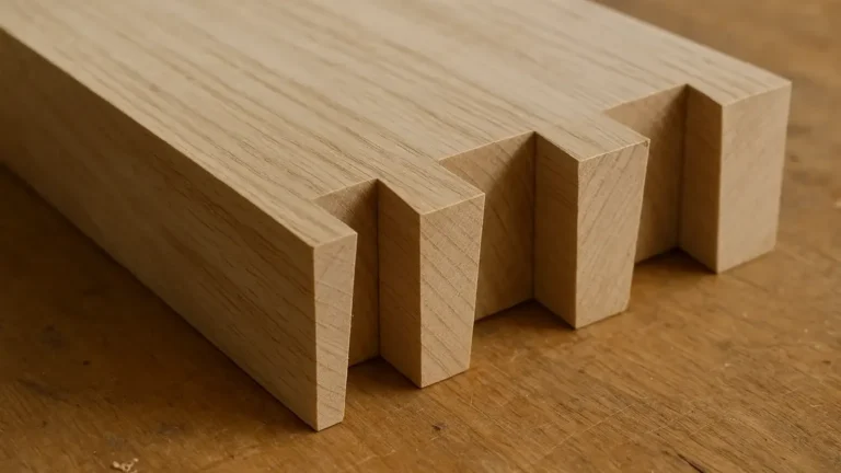 Hand-cut through dovetail joint showing interlocking tails and pins before glue-up