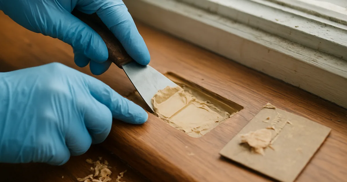 Wood rot repair epoxy filler being pressed into a window sill cavity with a putty knife