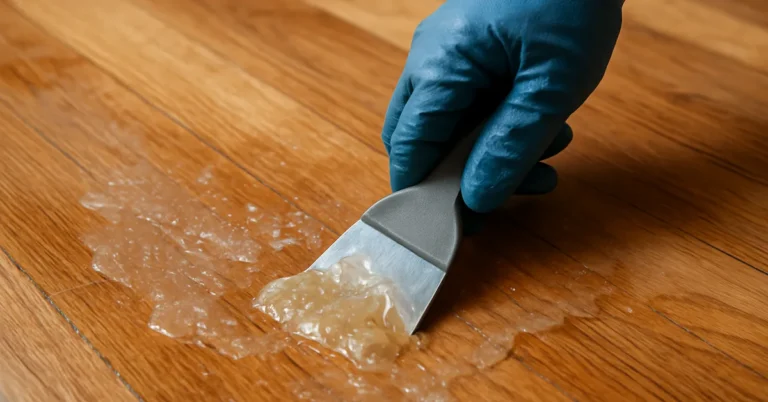 Removing softened finish from a hardwood floor with a scraper after applying chemical stripper