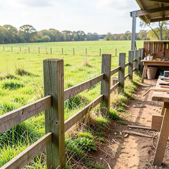 wood fence posts spaced evenly along a meadow property line wood fence posts spaced evenly along a meadow property line