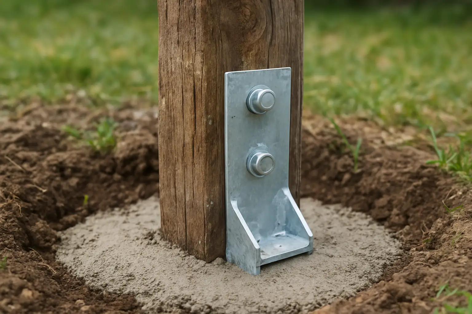 Galvanized metal fence repair spur bolted to the base of a rotted wood fence post