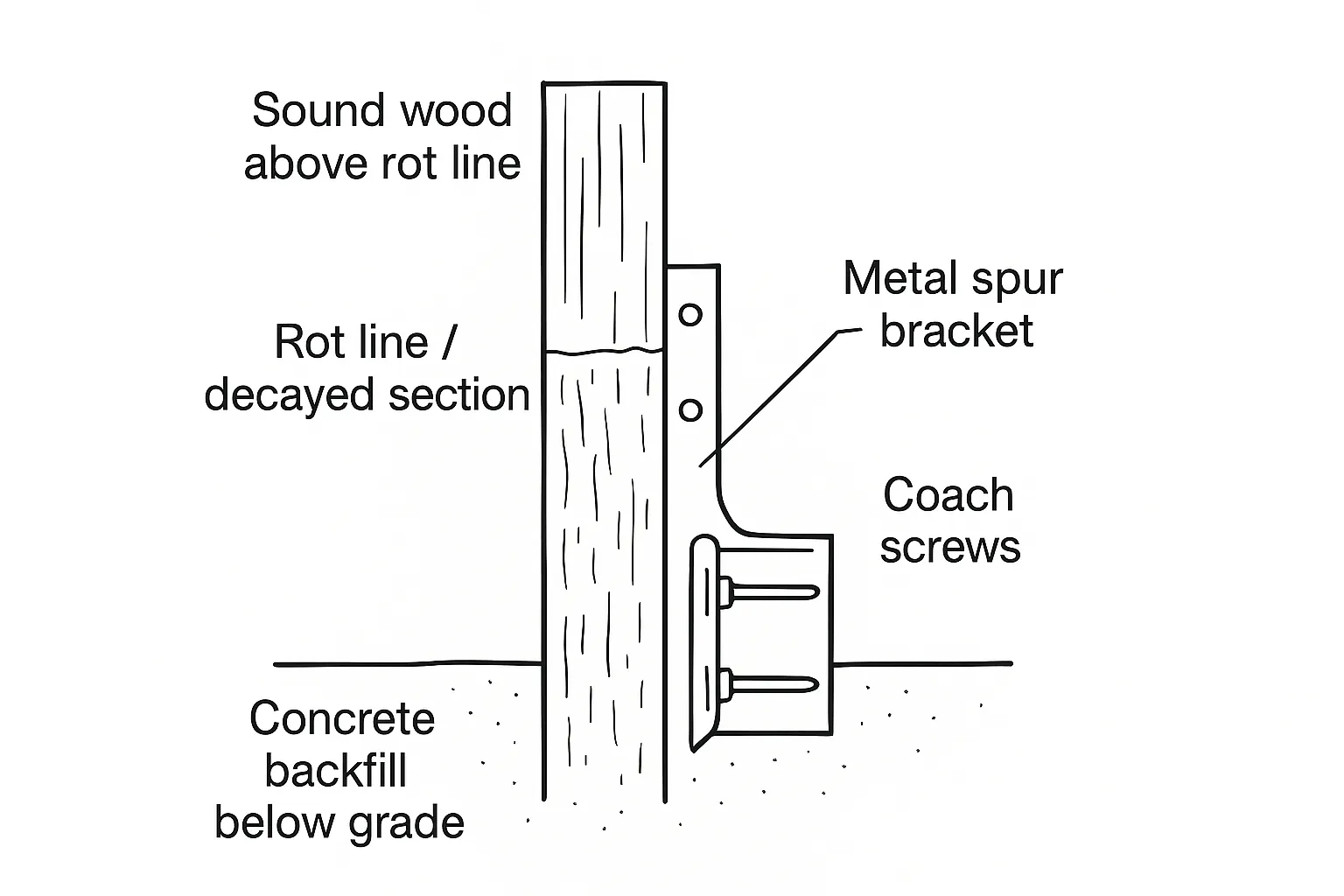 Diagram showing a fence repair spur bracket installed above a post's rot line with coach screws and concrete backfill