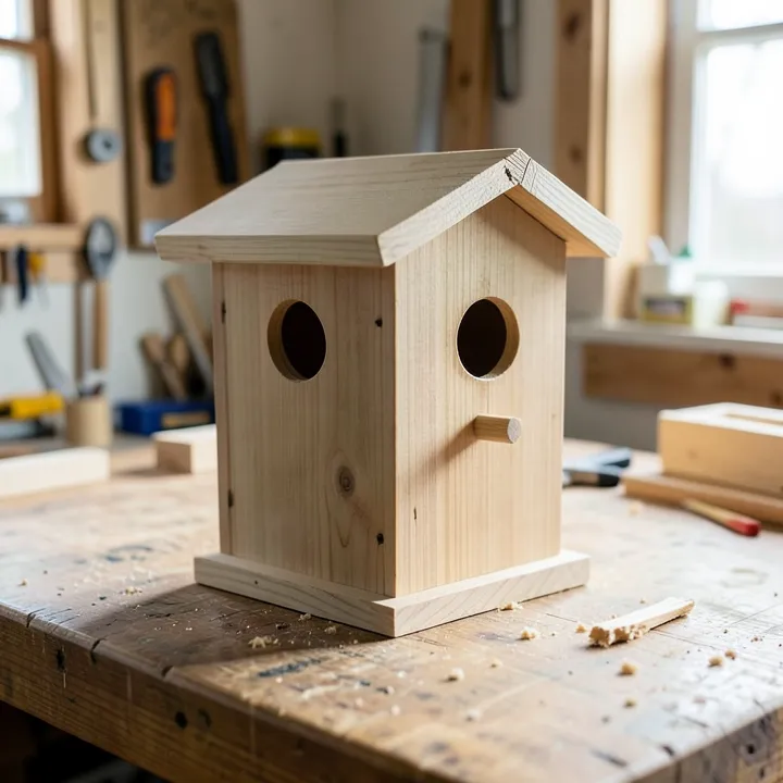 Handmade wooden birdhouse nest box sitting on a workbench