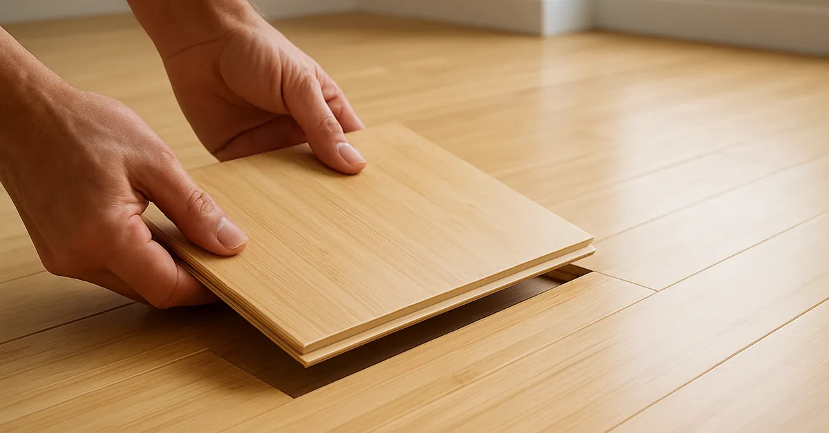 Installing a click-lock bamboo flooring plank by angling it into the previous row