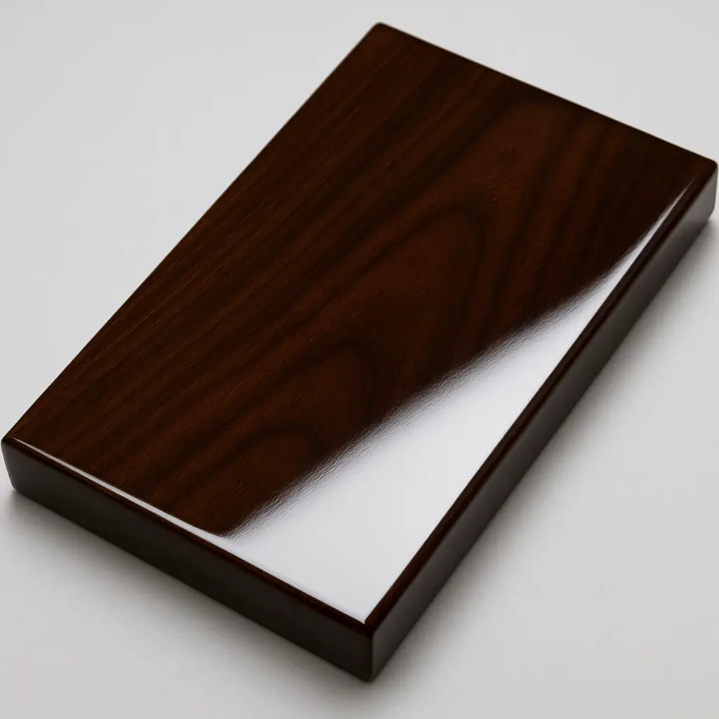Lacquer finish example on a walnut wood board showing its deep, high-gloss, mirror-like sheen