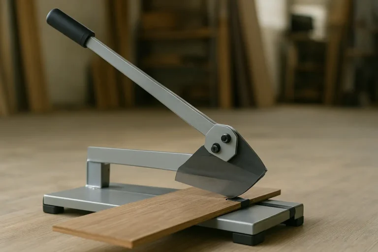 Manual laminate flooring cutter positioned on a plank, handle raised mid-stroke before shearing a straight cut