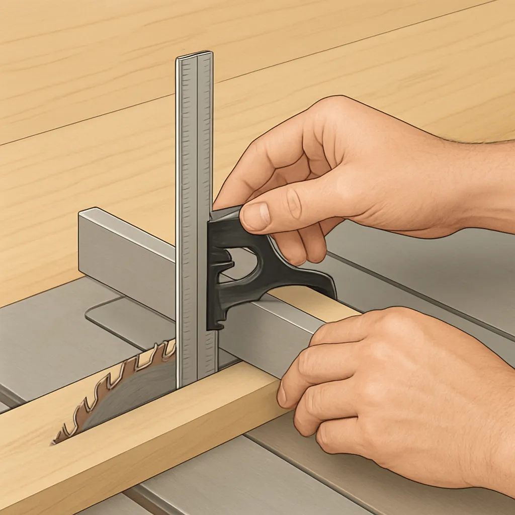 Checking a table saw miter gauge fence against the blade with a combination square during calibration