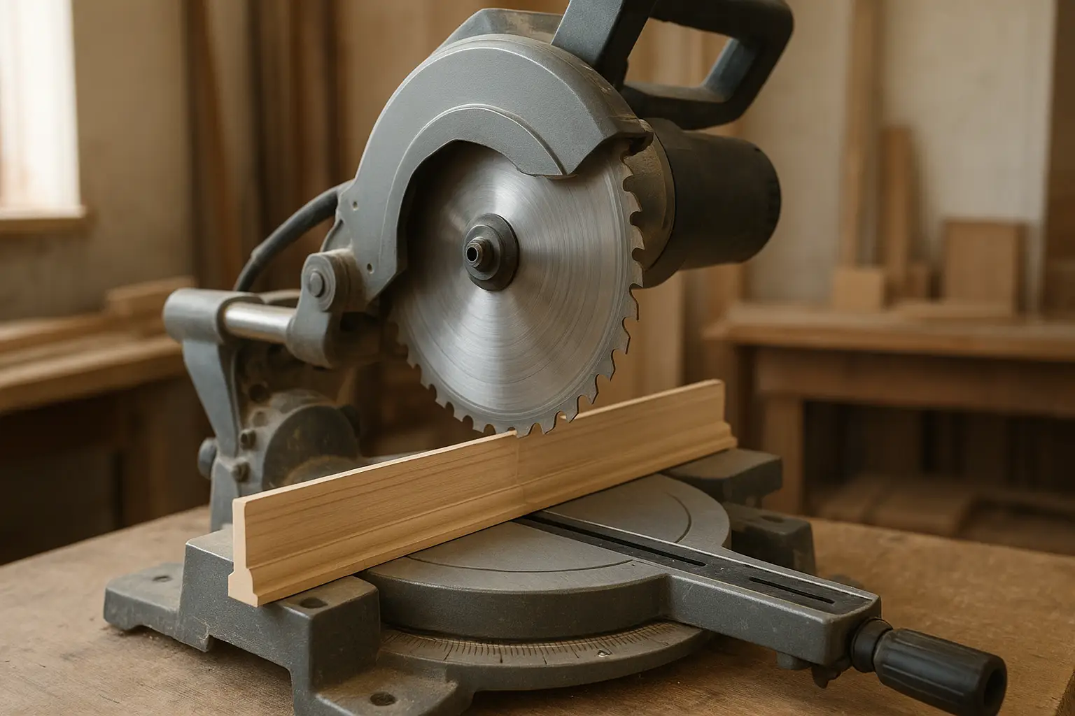 Miter saw machine with blade lowered mid-cut into wood trim on the turntable base
