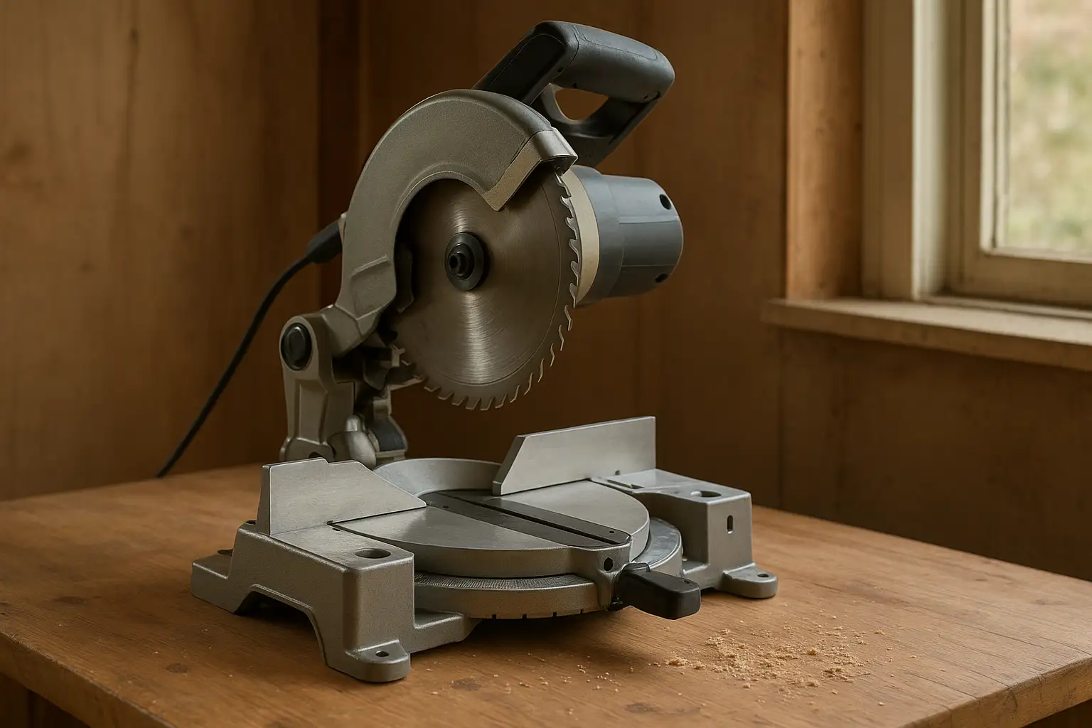 Miter saw machine on a workbench with the blade raised above the turntable base