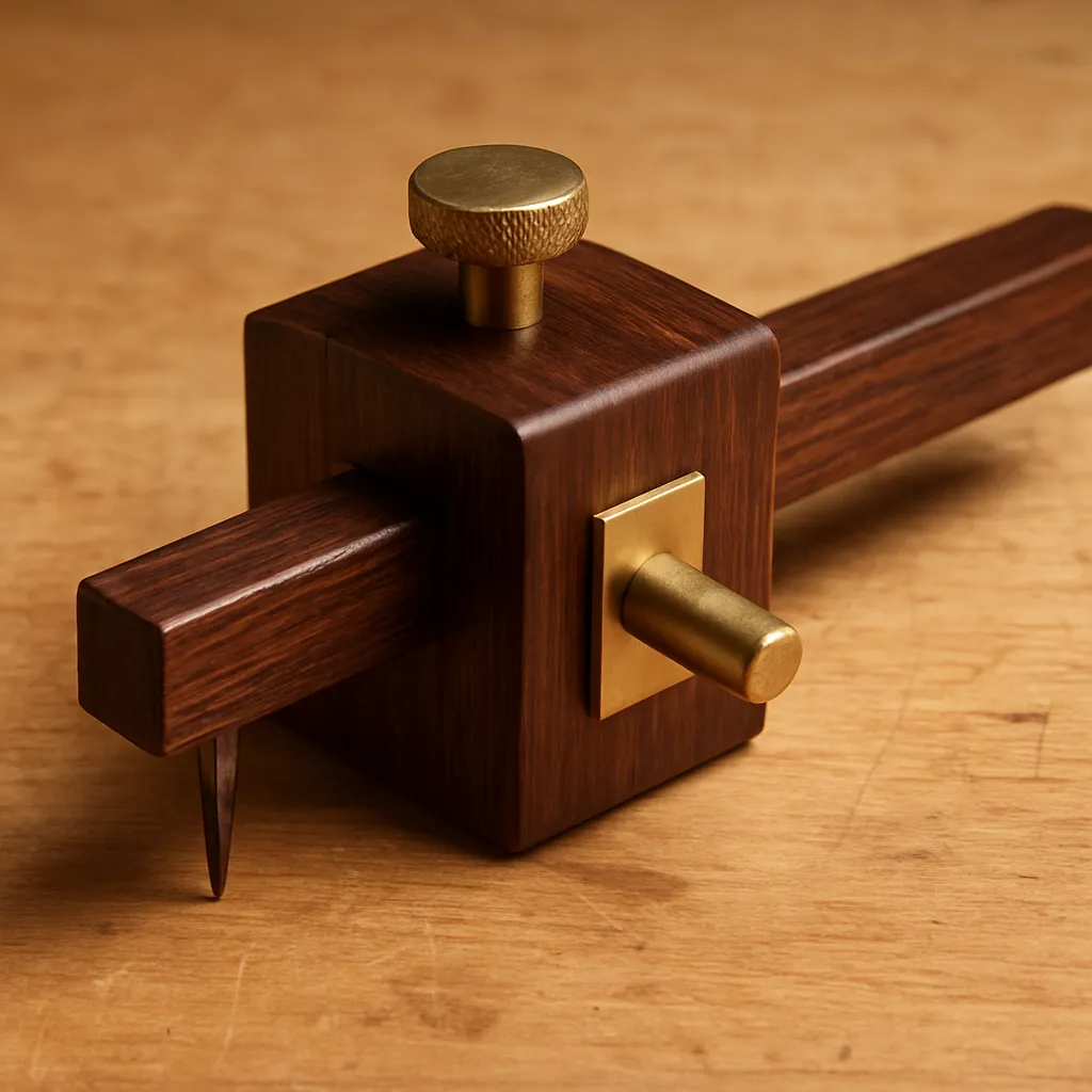 Wooden mortise gauge with brass fittings and sliding fence used to scribe mortise and tenon joint lines