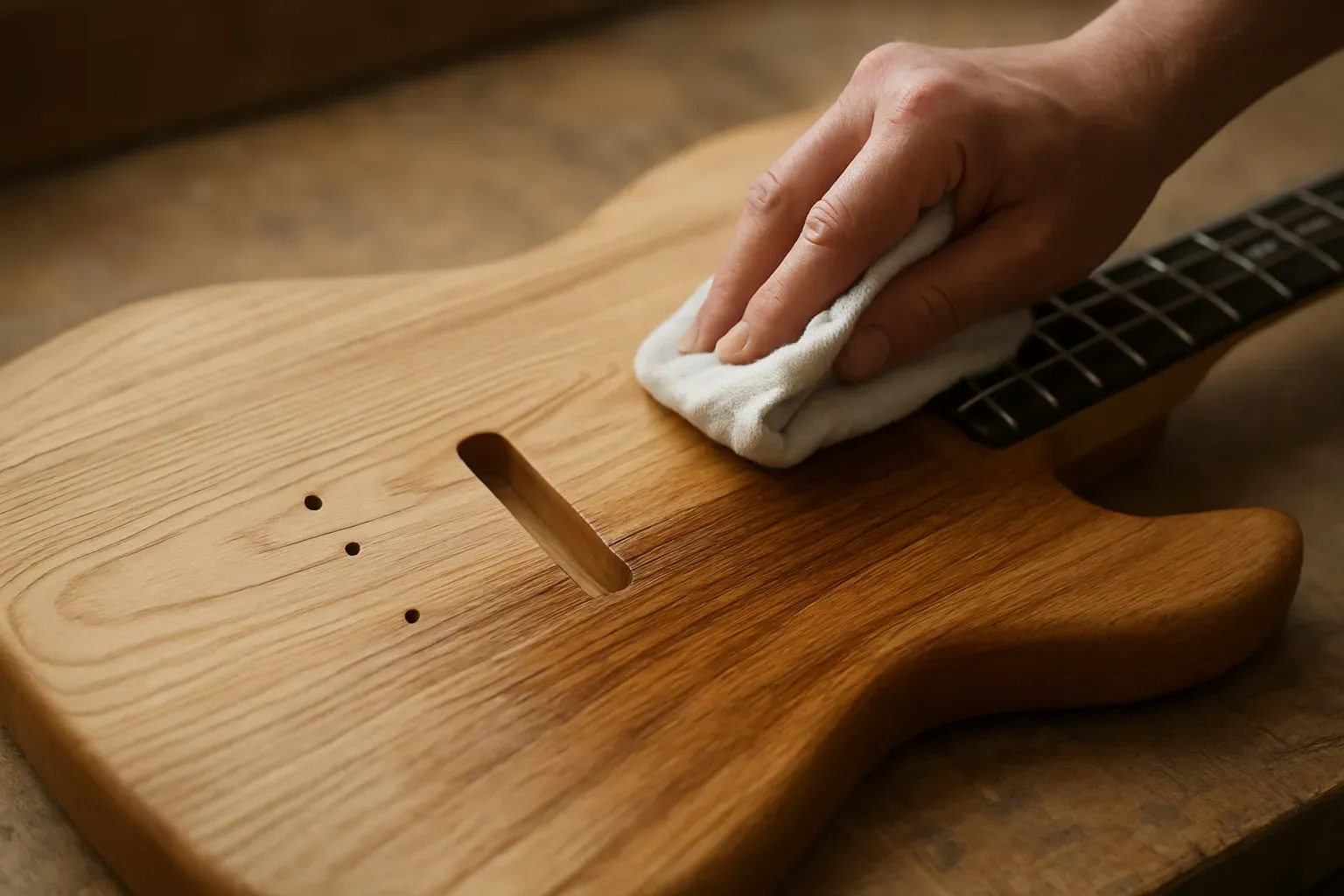 Hand wiping oil finish onto a bass guitar body with a cloth, wood grain darkening where the oil has soaked in