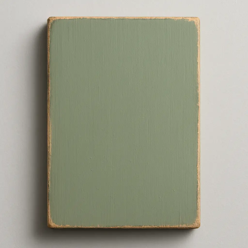 Milk paint finish example on a pine wood board showing its opaque, chalky, distressed sage-green look
